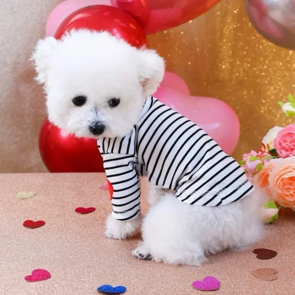 ADORABLE BLACK & WHITE STRIPE PULLOVER DOG SWEATER WITH RED HEART ACCENTS